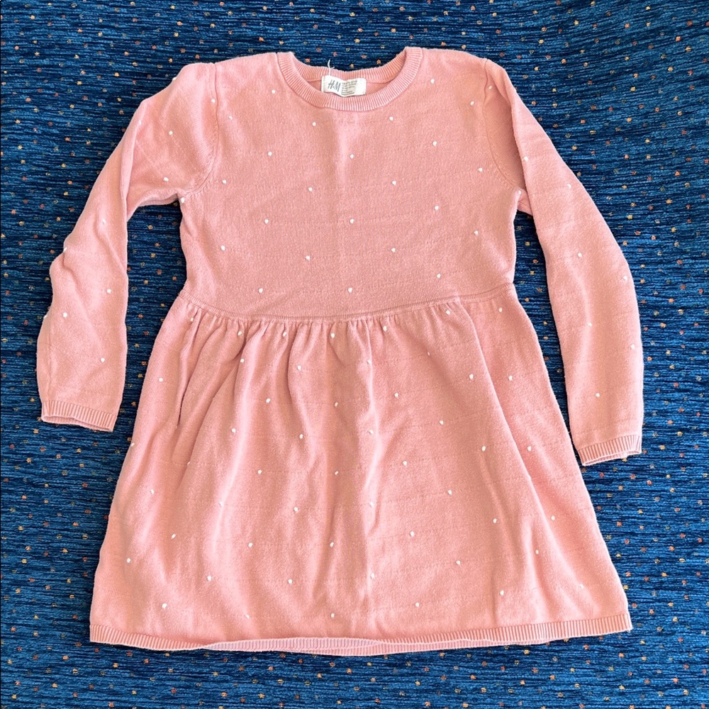 H&M Pink Kids knit Dress with White Dots, size 5–6